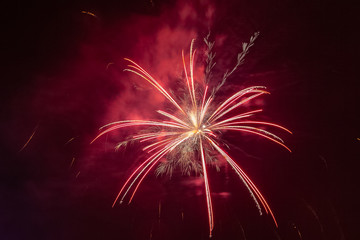 Bright red and white fireworks with wake effect against the backdrop of the night sky, Vittorio...