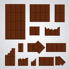 Chocolate bar vector set. Delicious brown dessert in rectangular blocks an chunks for posters, banners, package decoration. Tasty sugary food in dark chocolate color with bitten an whole pieces.