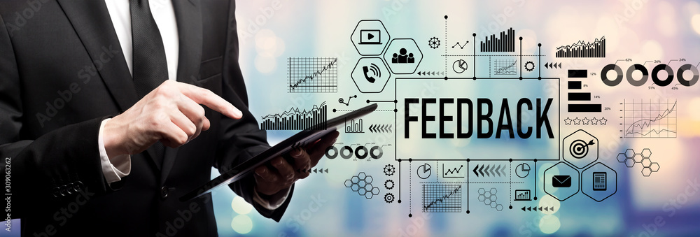 Poster feedback concept with businessman using his tablet computer