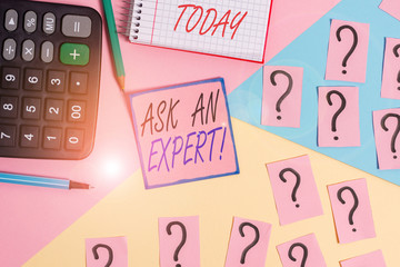 Word writing text Ask An Expert. Business photo showcasing confirmation that have read understand and agree with guidelines Mathematics stuff and writing equipment above pastel colours background