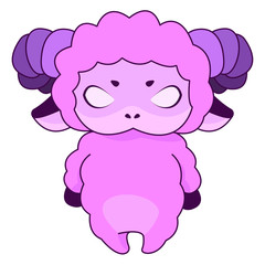 Cartoon illustration of an angry lamb. Pink lamb. Cute character. Aries zodiac sign. Print on a mug, t-shirt, notebook cover. Stock illustration.