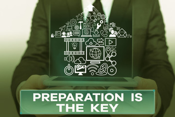 Text sign showing Preparation Is The Key. Business photo showcasing it reduces errors and shortens the activities