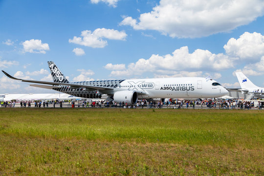 BERLIN / GERMANY - JUNE 3,2016: Airbus A 350 - 900 XWB plane during the ILA in Berlin / Germany on June 3, 2016.