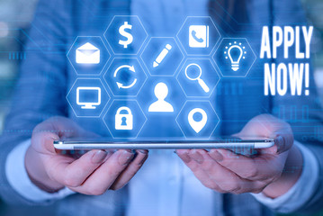 Writing note showing Apply Now. Business concept for request something officially in writing or by sending in form