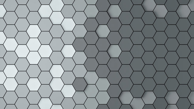 Abstract white, gray and black hexagon background; honeycomb pattern design 3d rendering, 3d illustration