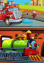 Cartoon funny looking train on the train station near the city and fireman truck car driving - illustration for children