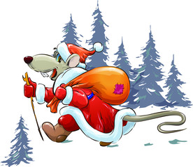 2020 is the year of the rat. Image of a rat in Santa Claus clothes on a background of winter nature.