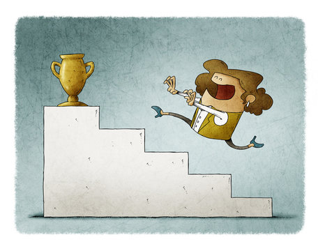 Businesswoman runs up some stairs to reach a golden trophy.
