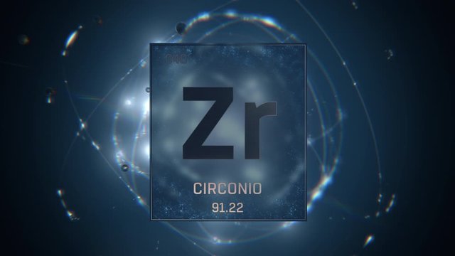 Zirconium as Element 40 of the Periodic Table. Seamlessly looping 3D animation on blue illuminated atom design background with orbiting electrons. Name, atomic weight, element number in Spanish langua