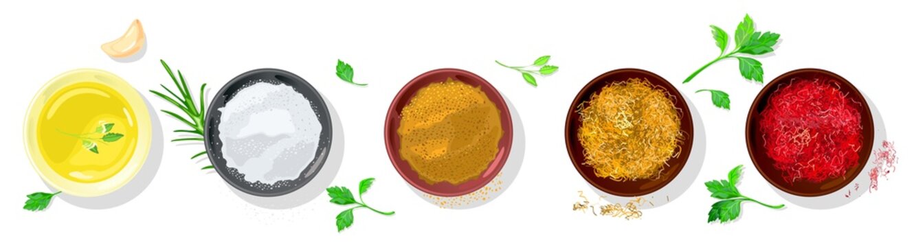 Vector realistic set with spices, rubs for vegetarian, meet, fish dishes garnished greenery. Condiments are in small bowls mustard, salt, chicken curry, saffron, red paprika, onion. Top view.