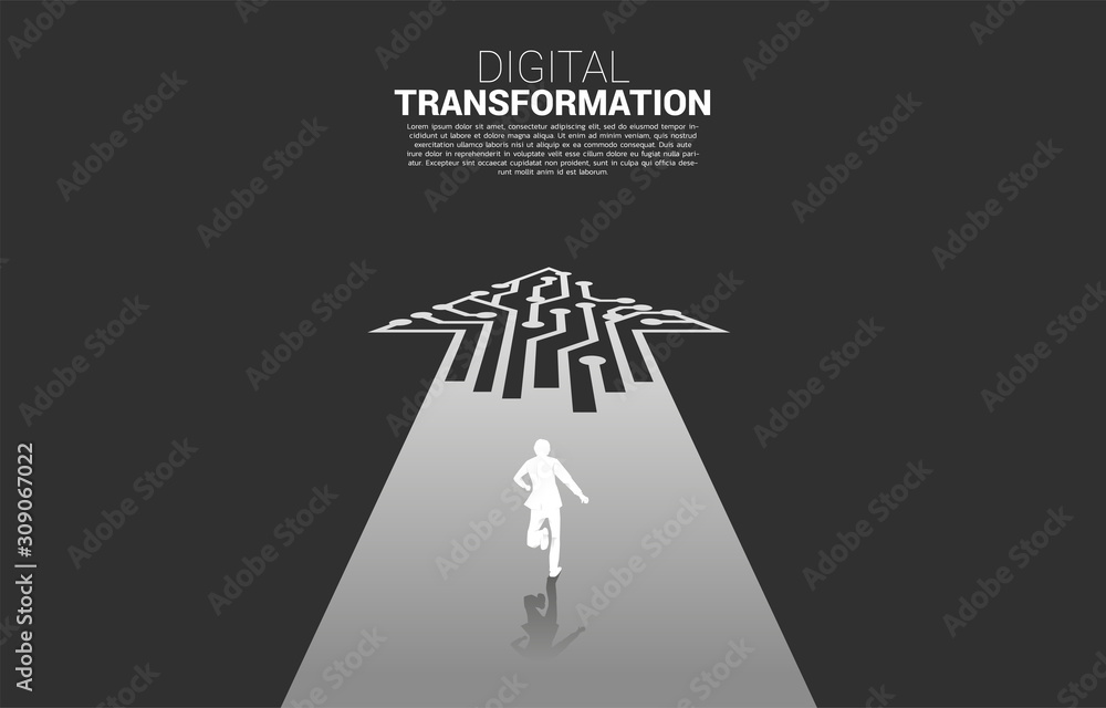 Poster Silhouette of businessman running on the way with dot connect line circuit. concept of digital transformation of business.
