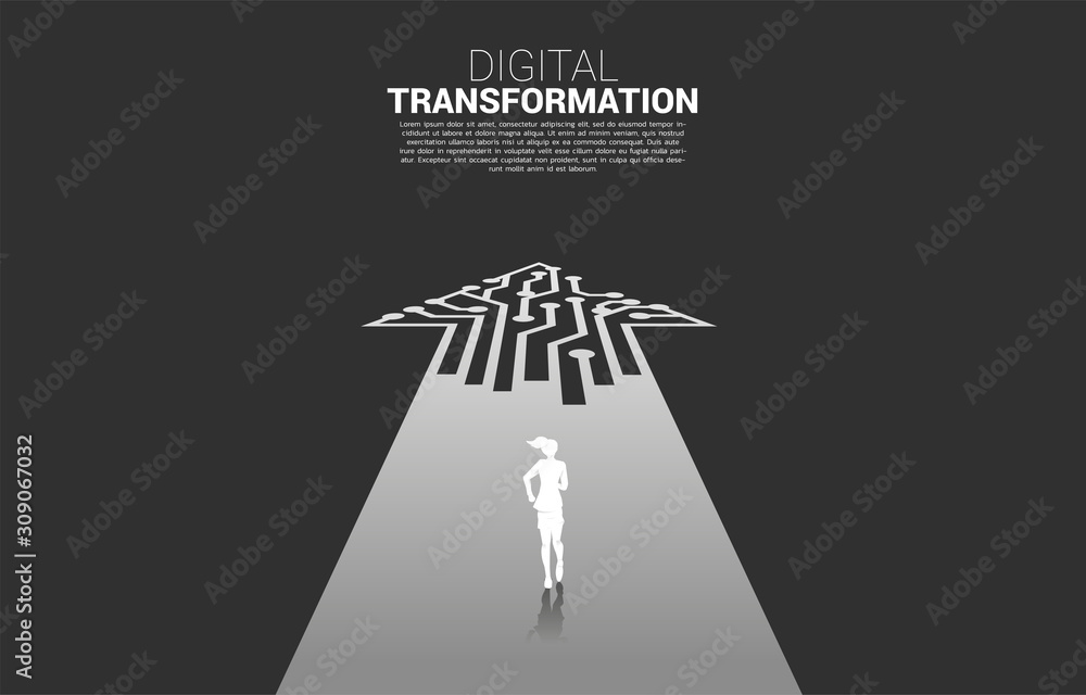 Poster Silhouette of businesswoman running on the way with dot connect line circuit. concept of digital transformation of business.
