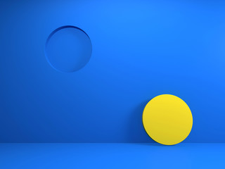3d abstract geometric blue background with yellow cylinder; simple mock up scene with minimal design elements 3d rendering, 3d illustration