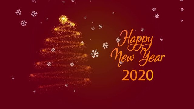Happy New Year 2020, text animation on red gradient background with snow and gold Christmas tree and sparkles