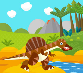 Cartoon happy dinosaur near some river and volcano - illustration for children © honeyflavour