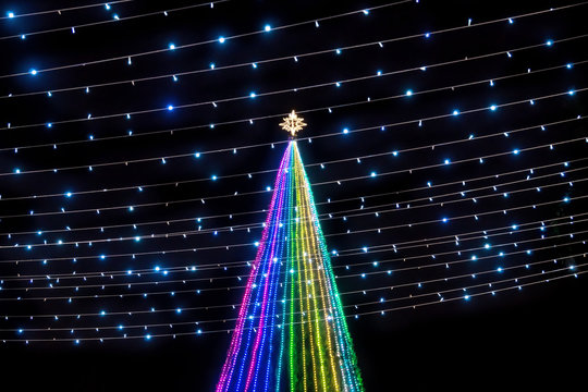 Colorful Christmas tree with light power lines with star at the top at Remate de Paseo Montejo, Merida, Yucatan, Mexico