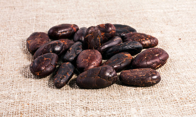 Heap of cocoa beans on a jute textile background. 