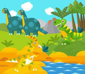 Naklejka na ściany i meble Cartoon happy dinosaur near some river and volcano - illustration for children