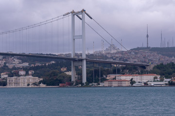 Fototapeta na wymiar Fatih Sultan Mehmet Bridge over Bosporus in cloudy day Strait, Istanbul, Turkey