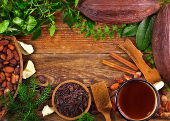 Cocoa pods, cacao beans, cocoa nibs, cocoa butter and cacao powder, a cup of cocoa drink with natural green leaves on a wooden background. Top view. Text space.