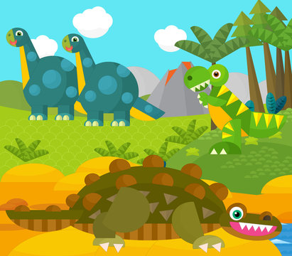Cartoon happy dinosaur near some river and volcano - illustration for children