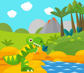 Fototapeta na wymiar Cartoon happy dinosaur near some river and volcano - illustration for children
