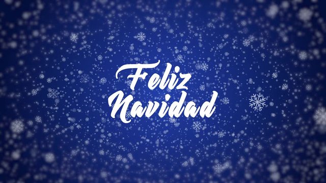 Animated snowflakes and spanish text Feliz Navidad on the blue winter background. Translation: Merry Christmas.