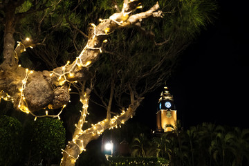 Christmas light decoration with the tower of Palacio Municipal in Merida, Yucatan, Mexico