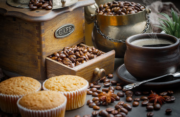 Black coffee on an old background in a cup