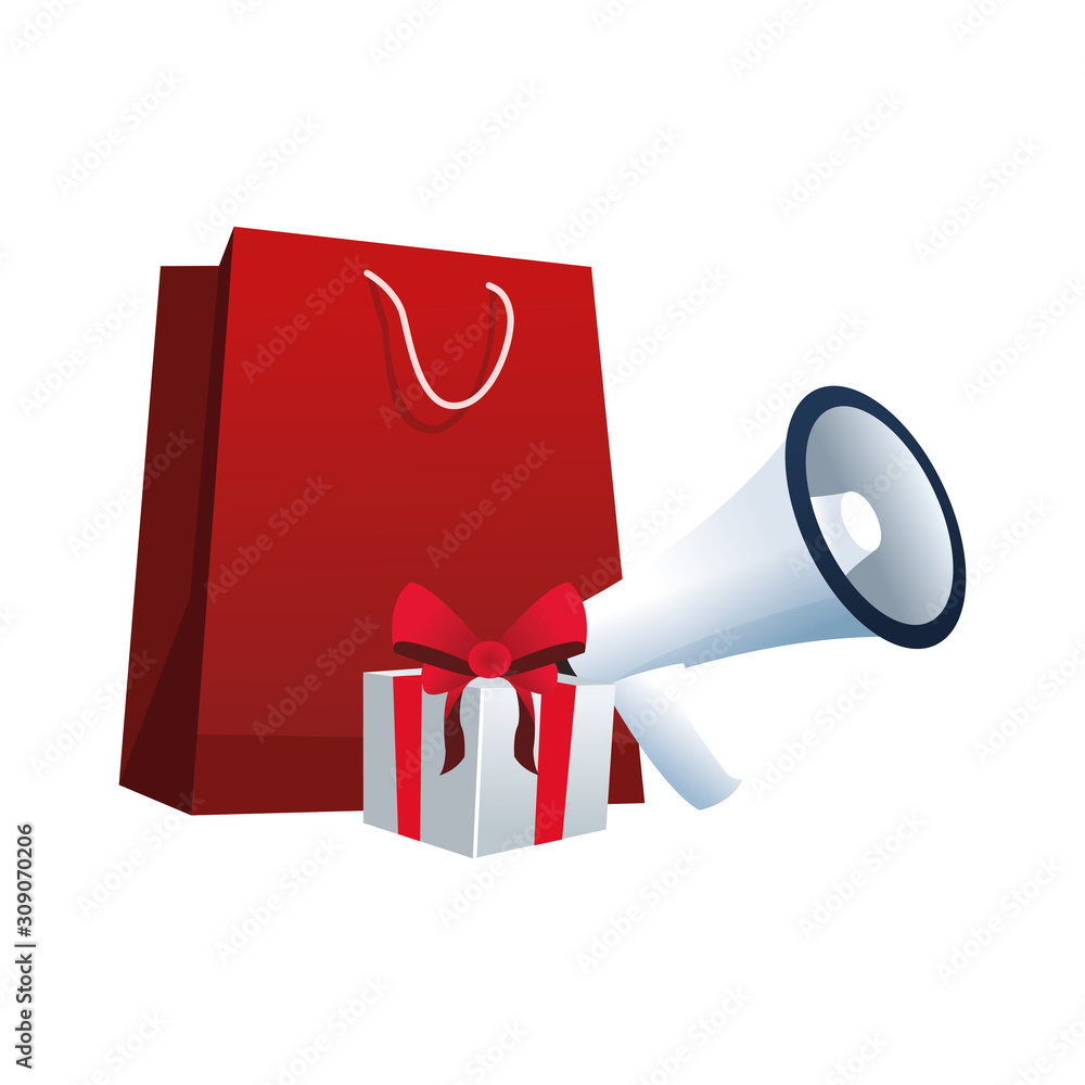 Sticker shopping bag with megaphone and gift box