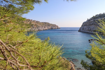 Fototapeta premium Mediterranean coast, green spruce branches blurred in the foreground.
