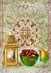 Ramadan lamp with dates in green bowl and cup of water.