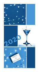 Classic blue monochrome collage with Christmas lights and white snowflakes on blue paper background. FTop view on paper background, lightbox with text "Happy Holidays" and number 2020.