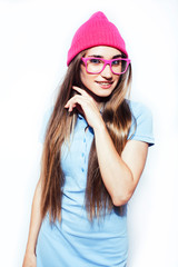 young pretty teenage modern hipster girl posing emotional happy isolated on white background, wearing pink hat and glasses, lifestyle people concept