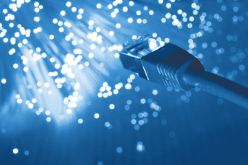 Monochrome blue color toned image with copy-space. Futuristic technological background, closeup on...