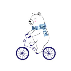 Cute polar bear rides a bicycle, outdoor activities. Vector illustration for children.