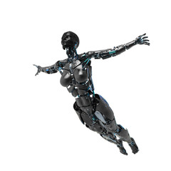 cyborg female comic jump pose in a white background