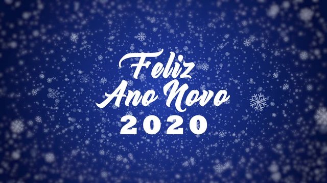 Portuguese family postcard snow animation with text Feliz Ano Novo 2020. Translation: Happy New Year 2020.