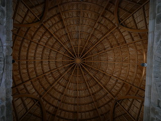 Abstract pattern of a  wooden roof of the ruin of an impressive building resembling a mosque within the Roman ruins of the citadel of Amman, capitol of Jordan