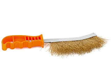 Brass wire brush with handle from orange plastic for cleaning and polishing hard or metal...