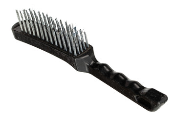 Steel wire brush with handle from black plastic for cleaning and polishing hard or metal equipment, isolated on white background