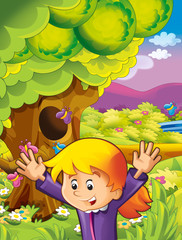 cartoon happy and funny scene with kid in the park having fun - illustration for children