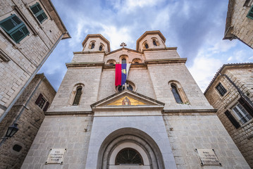 Fototapeta na wymiar Front view of St Nicholas Serbian Orthodox Church in historic part of Kotor city, Montenegro
