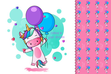 cute baby unicorn flying with balloons for kids