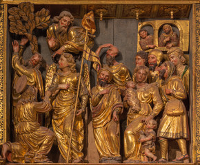 ZARAGOZA, SPAIN - MARCH 3, 2018: The Entry of holys in the heaven polychome carved renaissance...