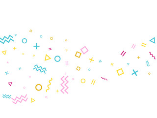 Tech 90s style memphis crimson blue yellow confetti falling scatter on white.