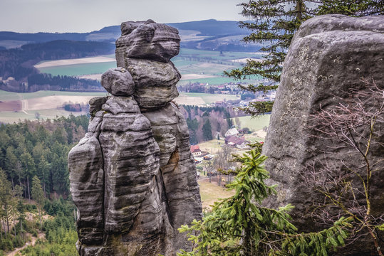 Stone stack in Mount Ostas reserve in Table Mountains, part of Broumovsko protected area, Czech Republic
