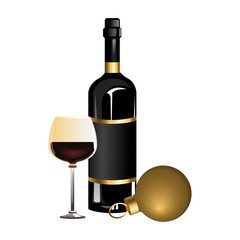 wine bottle and glass with christmas ball icon, colorful design