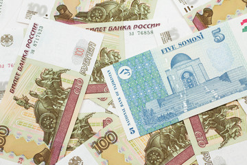 A close up image of a five somoni bank note from Tajikistan in macro with a background of Russian one hundred ruble bank notes