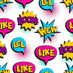 Pop Art seamless pattern comic text wow lol